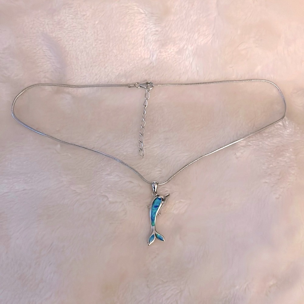 NWOT 🐬 16-18” STAMPED .925 SILVER AUSTRALIAN OPAL PENDANT SNAKE CHAIN NECKLACE - Picture 4 of 8